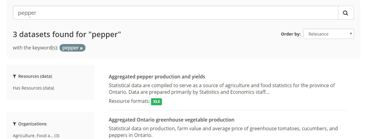 A screenshot of the dataset search results page. The user has searched for the word pepper and 3 results are displayed.